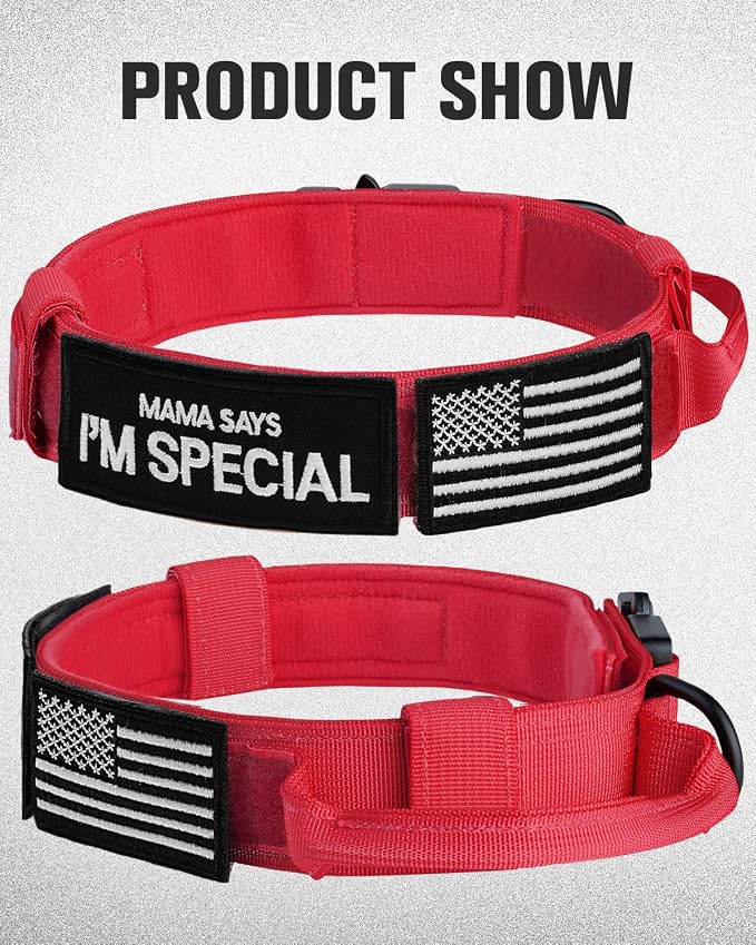 Joytale Tactical Dog Collar with Handle and Metal Buckle, Heavy Duty Padded Military Collar with 2 Patches for Training, Adjustable for XLarge Dogs, Red, XL