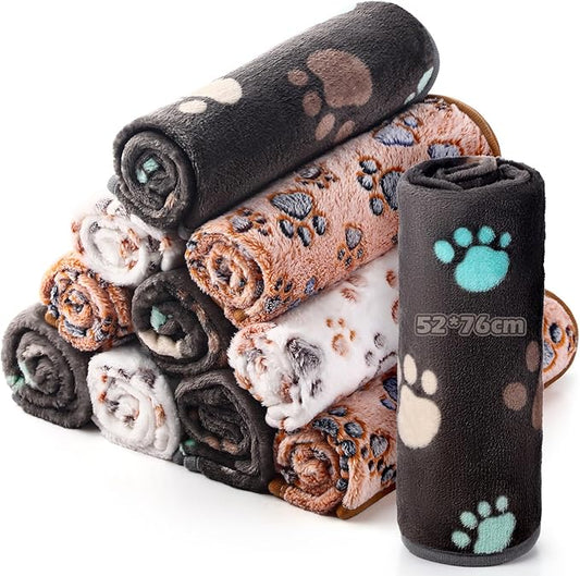 Tegeme 12 Pcs Pet Blankets 30 x 20 Inch Soft Fluffy Fleece Dog Cat Warm Paw Print Pattern Blankets Flannel Throw for Pets Dog Puppy Cat(Dark Gray, White, Camel)