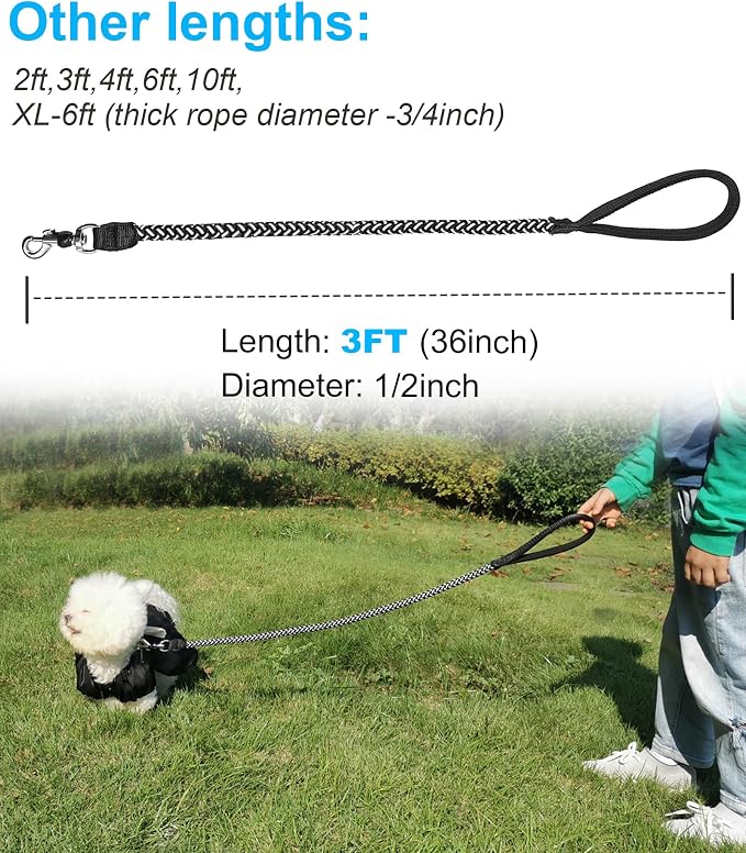2/3/4/6/10 Foot Reflective Dog Leash Strong Nylon Rope Braided Heavy Duty for Large and Medium Small Dogs Walking Training Leads (Black, 3ft * 1/2")