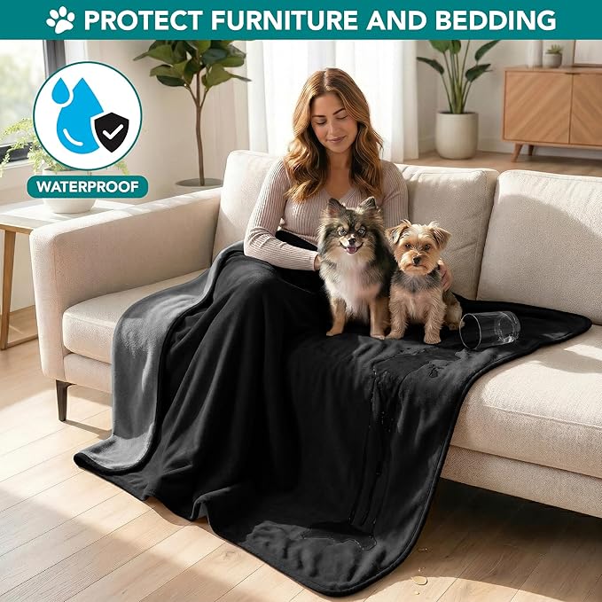PetAmi Waterproof Dog Blanket for Couch, Pee Proof Reversible Cat Blanket for Sofa Bed Furniture Protector, Soft Fleece Washable Pet Throw for Dogs Cats Puppies Kittens, 40x60 Black Gray