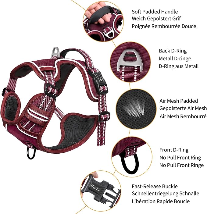 HEELE Dog Harness for Large Dogs No Pull Dog Vest Harness for Large Dog with Soft Padded Handle Reflective for Outdoor Training, Burgundy Red, L