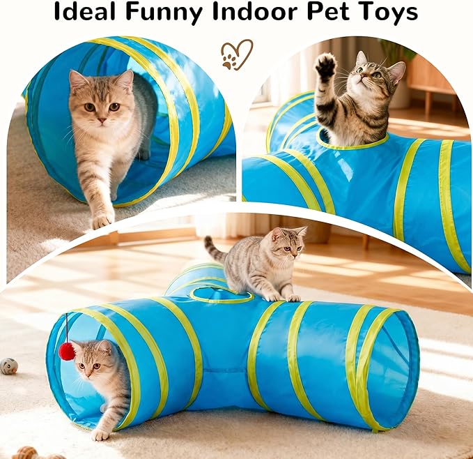 Tempcore Cat Tunnel for Indoor Cats, 3 Way Collapsible Pet Play Tunnel with Teaser Wand, Peek Holes & Hanging Ball, Interactive Tube for Kittens & Rabbits, Blue & Yellow