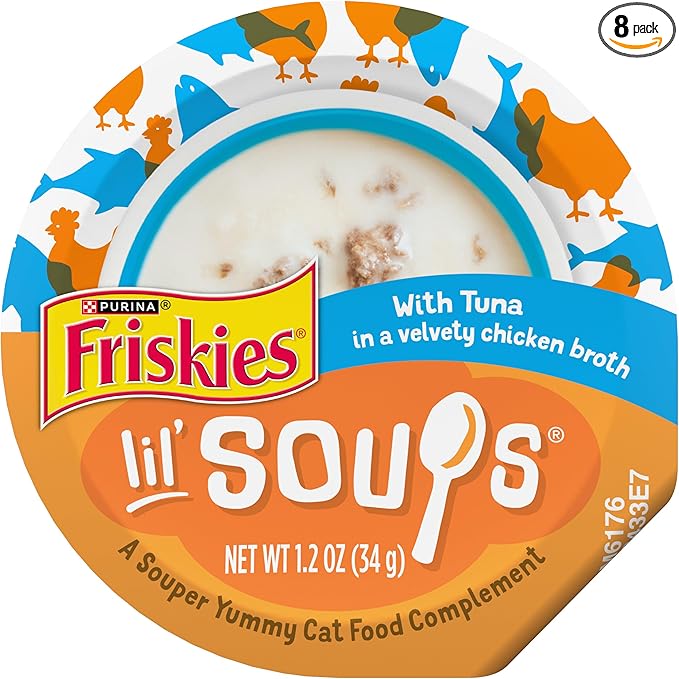 Purina Friskies Natural, Grain Free Lickable Cat Treats Lil’ Soups With Tuna in Chicken Broth - (Pack of 8) 1.2 oz. Cups