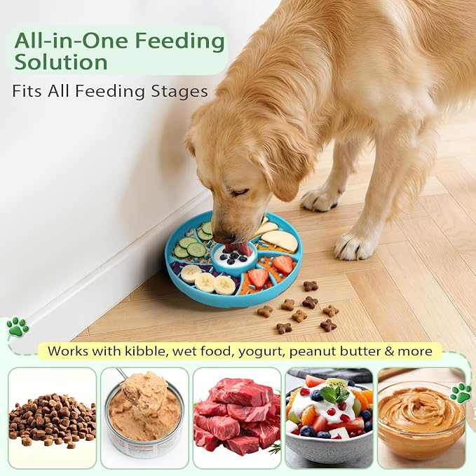 Silicone Dog & Cat Slow Feeder Bowl Lick Mat with Strong Suction Cups, Anti-Spill Design, Multi-Textured, Extend Mealtime, Reduce Anxiety, Dishwasher Safe, All Breeds & Ages (Blue)