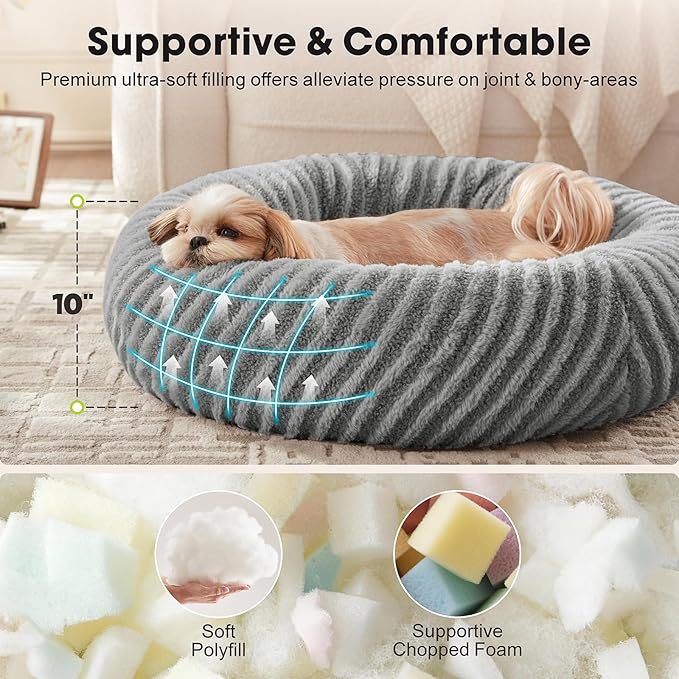 MIXJOY Dog Bed Medium Size Dogs, Washable Medium Dogs Bed with Removable Cover, Cozy Donut Dog Ded Fluffy Plush Faux Fur Pet Bed with Anti-Slip Bottom, 30"x30"x8", Grey