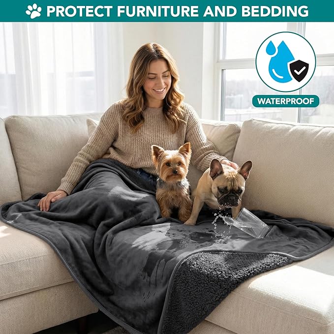 PetAmi Premium Waterproof Dog Blanket for Small Medium Dogs, Reversible Sherpa & Flannel Fleece, Leakproof Pet Throw for Couch Protection, Soft Plush Furniture Protector for Cats, Washable, 24x32 Grey