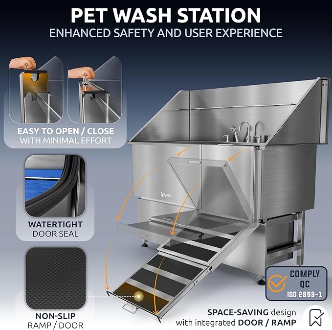 KANIS Professional Dog Washing Station 304 Stainless Steel Pet Wash Sink & Grooming Bathtub w/Shower, Floor Grates and Storage for Large, Medium & Small Pets (Silver, 61 Inches, Right Ramp, 2 Drawers)