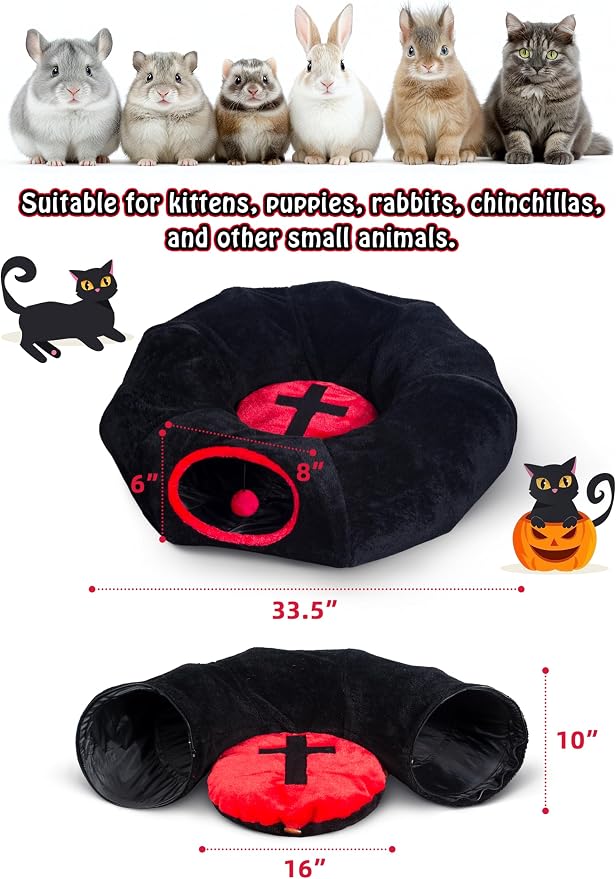Gothic Cat Bed, Coffin Cat Tunnel House with Washable Cushion, Fits Indoor Cats up to 25 lbs, Cute Peekaboo Cave Pet Bed for Kittens, Rabbits, Halloween Goth Design, Black Red