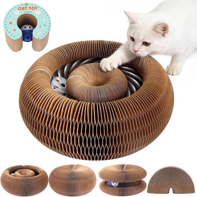 Extensible Cat Scratcher Cardboard Toy | Magic Accordion Scratching Pad with Bell Ball - Foldable & Reversible Interactive Kitty Play for Indoor Cats (1 Pack)