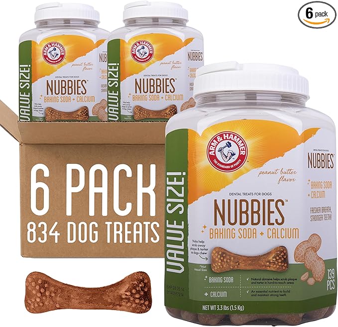 Arm & Hammer for Pets Nubbies Dental Treats Value Size - Baking Soda & Calcium Dog Dental Chews, Helps Scrub Plaque & Tartar While Chewing, Peanut Butter Flavor, 139 Count, 52.8 Oz - 6 Pack