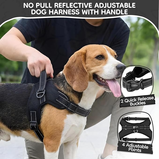 No Pull Reflective Adjustable Dog Harness with Handle- Comfortable Soft All Weather Mesh, Easy On Puppy Harness for Small Medium and Large Dogs (Black) Medium