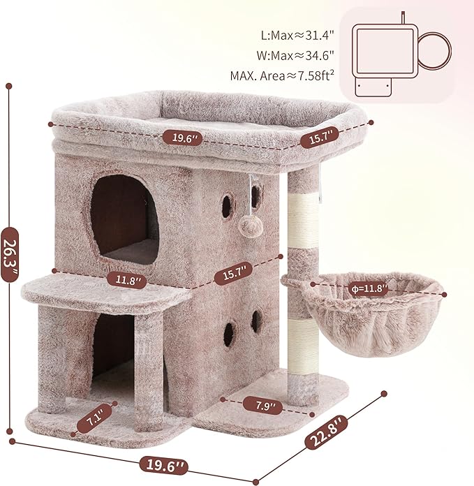Heybly Cat Tree, 26.3-inch Cat Tower with Spacious Top Perch for Large Cats, Stair-Style Cat House Furniture with Dual-Layer Condos, Sisal Scratching Posts, Cozy Basket & Pompom, Muchroom HCT204SMU