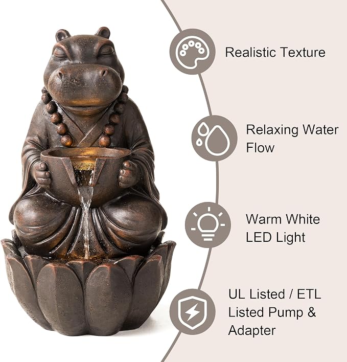 Glitzhome Water Fountain Outdoor, Outdoor Fountain with Lights, Zen-Style Water Fountain with Pump, 22" H 2-Tiered Bronze Hippo Polyresin Water Feature for Home Patio Garden Backyard Decor