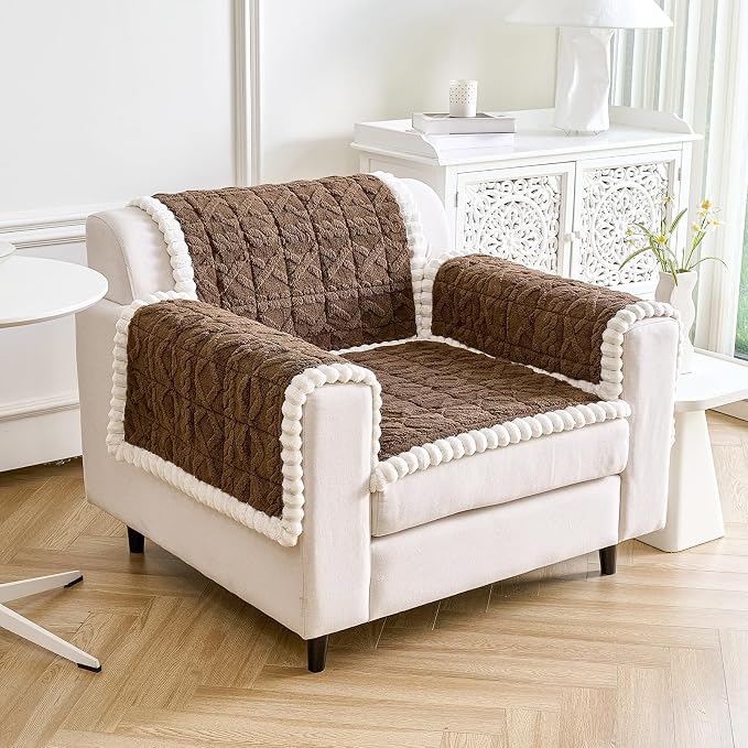 Fuzzy Couch Covers for Dogs, Non Slip Thick Dog Couch Cover Protector, Plush Pet Couch Covers for Sofa Washable, Soft Sofa Cushion Slipcovers Pet Friendly(1PC, Brown, 27.6”x27.6”)