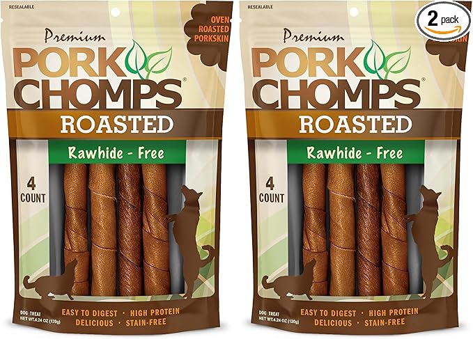 Pork Chomps Roasted Pork Skin Dog Chews, 6-inch Twists, 4 Count (Pack of 2)