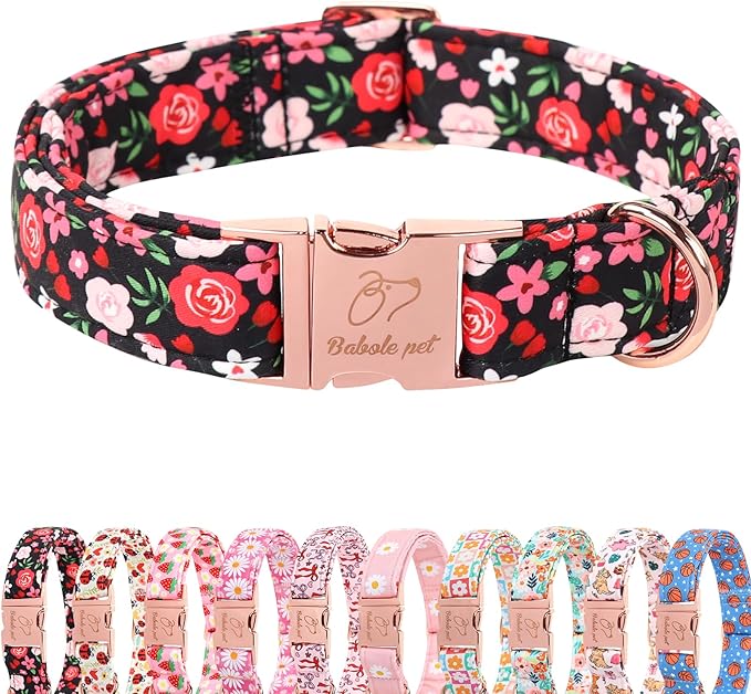 Floral Dog Collar - Rose Red Wild Flowers Pattern Cute Puppy Collar, Adjustable Winter Holiday Metal Buckle Dog Collars for Small Medium Large Dogs L