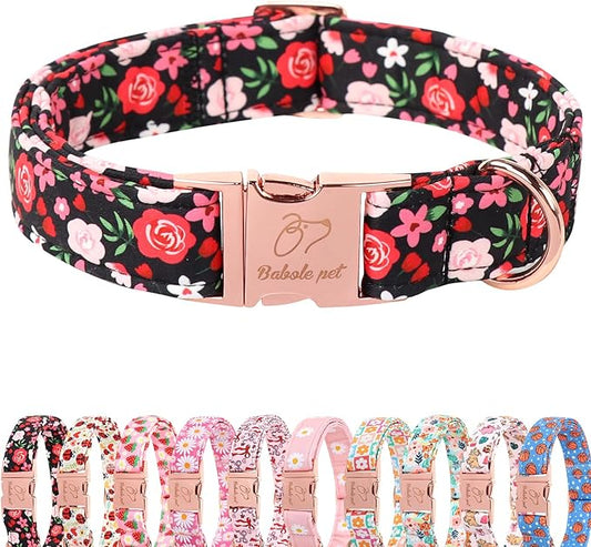 Floral Dog Collar - Rose Red Wild Flowers Pattern Cute Puppy Collar, Adjustable Winter Holiday Metal Buckle Dog Collars for Small Medium Large Dogs XS