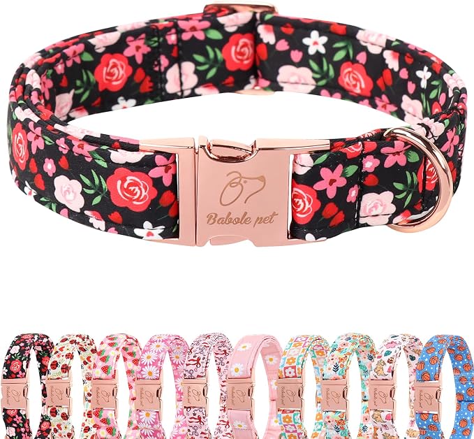 Floral Dog Collar - Rose Red Wild Flowers Pattern Cute Puppy Collar, Adjustable Winter Holiday Metal Buckle Dog Collars for Small Medium Large Dogs XL
