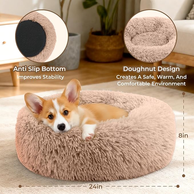 Calming Donut Dog and Cat Bed for Indoor Cats, Anti-Anxiety Round Fluffy Soft Washable Small Medium Pet Bed for Puppy & Kitten, Warming Comfortable Luxury Anti-Slip Waterproof Mute Base 24in (Camel)