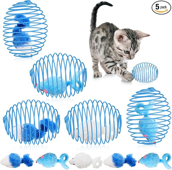 Jecery 5 Pcs Cat Spring Balls Toys Stretchable Rolling Balls Colorful Playful Coils Interactive Action Toy Caged Rats for Kitten Pet Supplies (Mouse,Blue White)