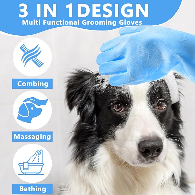 Pet Grooming Gloves—Dog Washing Gloves with High-Density Teeth, Dog Bath Scrubber with Enhanced Five Finger Design, Silicone Gloves for Dogs and Cats Bathing, Massage (Blue)
