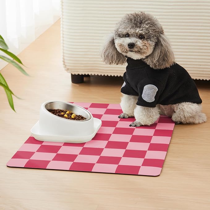 Checkered Dog Feeding Mat, Absorbent Mats for Dog Food and Water Bowl, Dispenser, Aesthetic Hot Pink Checkerboard Pet Placemat for Dogs, Cats, Puppy Accessories (Coral, 16 x 24)