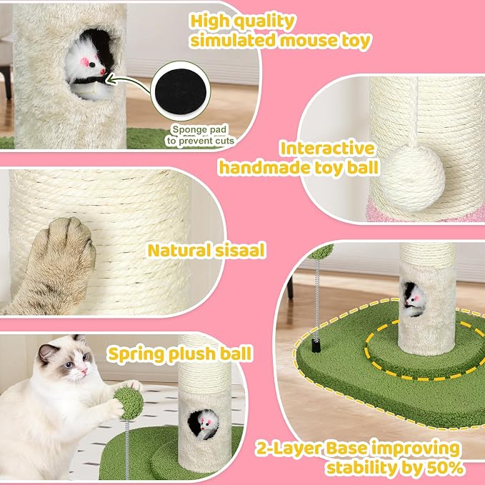 Tall Cat Scratching Post for Indoor Cats Adults, Cat Scratch Post with Sisal Rope Claw Scratcher, Solid Wood Cat Tower with Scratching Post and Cat Toys Mouse Hole, Flower Small Cat Tree (Pink Flower)
