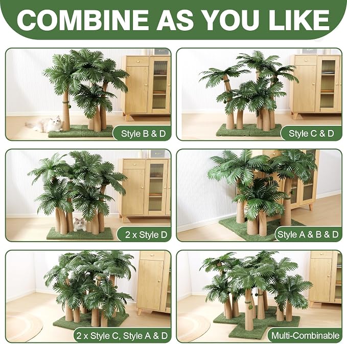 40'' Tall Cat Scratching Post Cat Tree, 3 Curved Design Palm Tree Cat Scratching Post with 8 Interactive Balls, Natural Sisal Rope Cat Scratchers for Indoor Cats, Multi-Combinable (Style D)