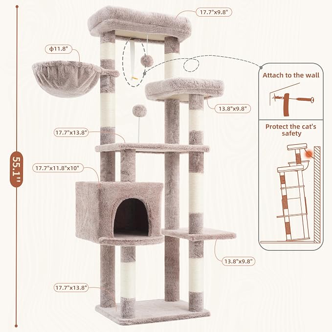 Gitelsnour Cat Tree for Indoor Cats, 55.1 inch Cat Tower with 7 Sisal Scratching Posts, Multi-Level Cat Condo wit Large Play Platform Furry Ball, Cat Cave, 2 Padded Perches, Basket, Mushroom GCT013MU