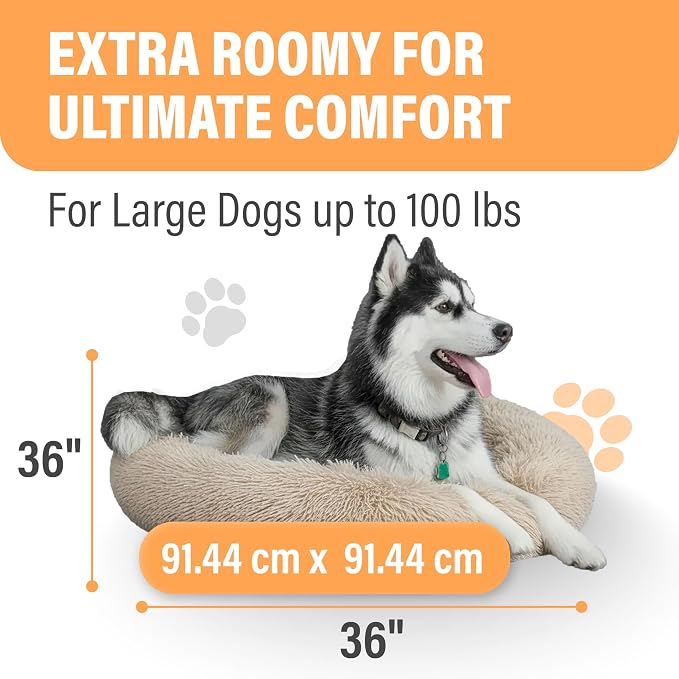 Active Pets Calming Plush Dog Bed Donut Joint Support Anxiety Relief Washable Pet Bed with Removable Cover for Dogs Cats, Large 36", Beige