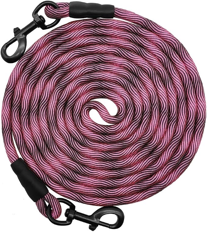 BTINESFUL 8ft/12ft/20ft/30ft/50ft/75ft Dog Tie-Out Long Tether Rope Leash, Outdoor Dog Lead for Yard- Large Medium Dogs Training, Playing, Camping, Backyard (20 Foot, Pink Black)
