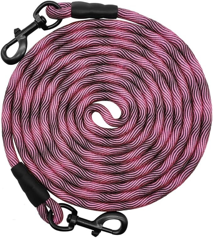 BTINESFUL 8ft 12ft 20ft 30ft 50ft 75ft Dog Tie Out Long Tether Rope Leash, Outdoor Dog Lead for Yard, Large Medium Dogs Training, Playing, Camping, Backyard (Pink Black, 12 Foot)