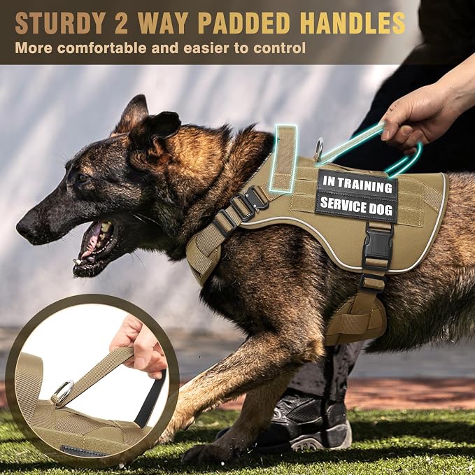 WINSEE Tactical Dog Harness for Large Dog, Heavy Duty Service Dog MOLLE Vest with 10 Pet Patches, No Pull Military Working Vest for Training Hunting Walking
