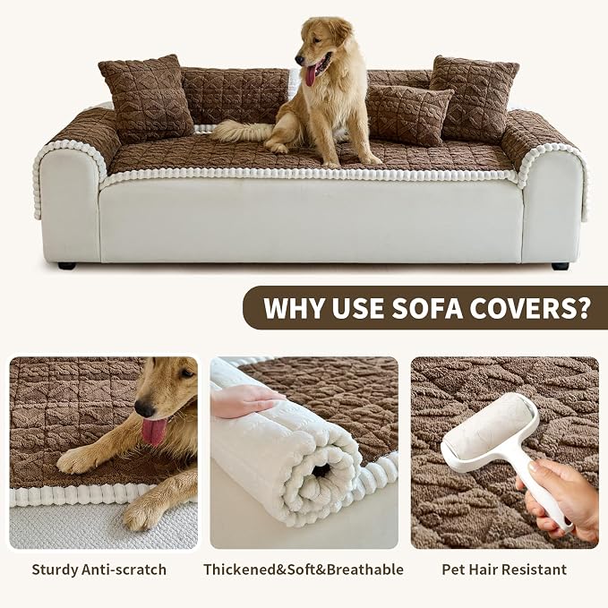 Fuzzy Couch Covers for Dogs, Non Slip Thick Dog Couch Cover Protector, Plush Pet Couch Covers for Sofa Washable, Soft Sofa Cushion Slipcovers Pet Friendly(1PC, Brown, 27.6”x27.6”)