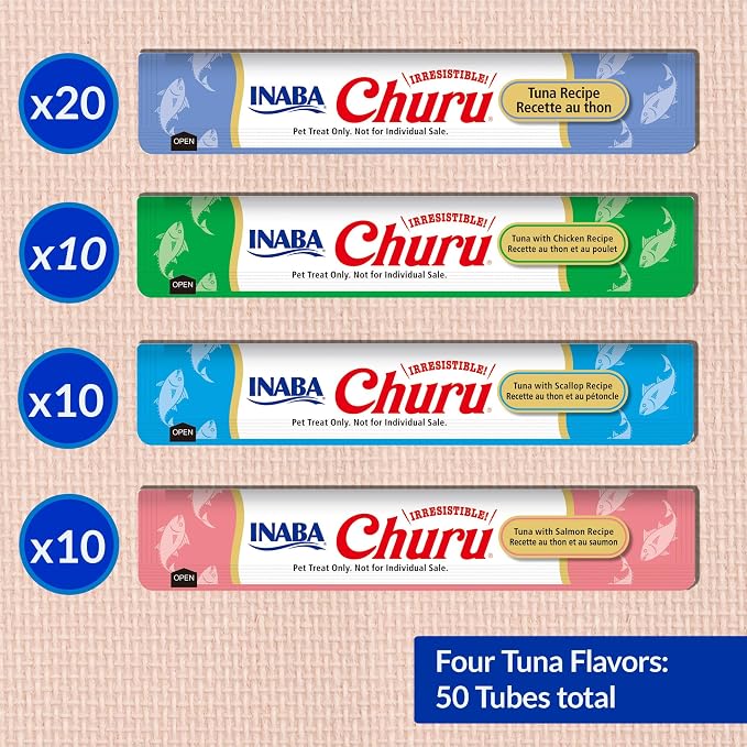 INABA Churu Cat Treats, Lickable, Squeezable Creamy Purée Cat Treat with Green Tea Extract & Taurine, 0.5 Ounces Each Tube, 50 Tubes, Tuna Variety