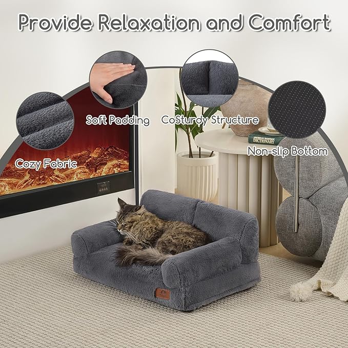 Hollypet Fluffy Dog Cat Bed Pet Couch Beds Plush Soft Warming Machine Washable Puppy Bed with Non-Slip Bottom for Cats and Small Medium Dogs up to 25 lbs, Gray, 24" L x 18" W x 10" Th