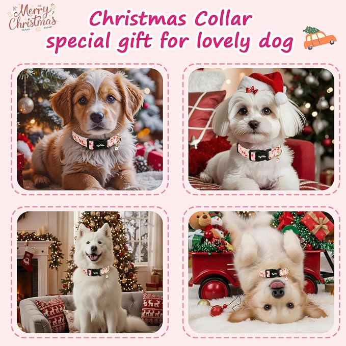 Christmas Dog Collar Medium Dog Collars, Adjustable Pink Dog Collars with Jolly Santa Pattern, Cute Dog Christmas Collar for Dogs, Winter Holiday Dog Collar for Girl Boy Dogs-M