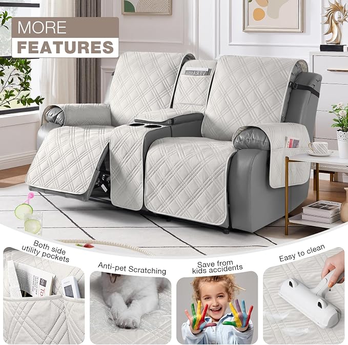 TAOCOCO Loveseat Recliner Cover with Console, Non-Slip Split Reclining Pet Cover for Dual Loveseat Recliner, Furniture Protector with Elastic Straps (2 Seater, Off White)