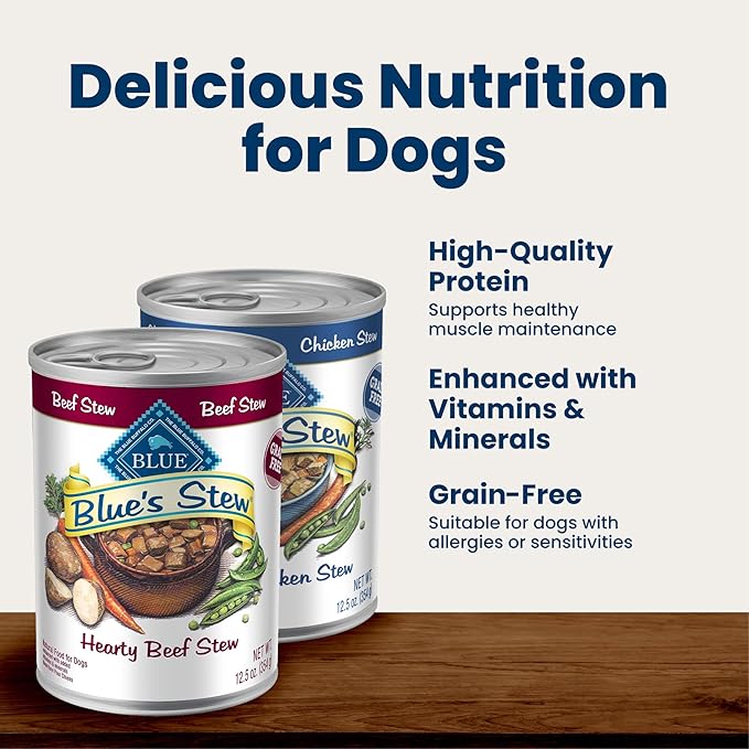Blue Buffalo Blue’s Stew Variety Pack Hearty Beef & Country Chicken Stew Natural Grain Free Wet Dog Food with Real Meat in Thick Savory Gravy, Natural Ingredients, 12.5-oz Cans (6 Count)