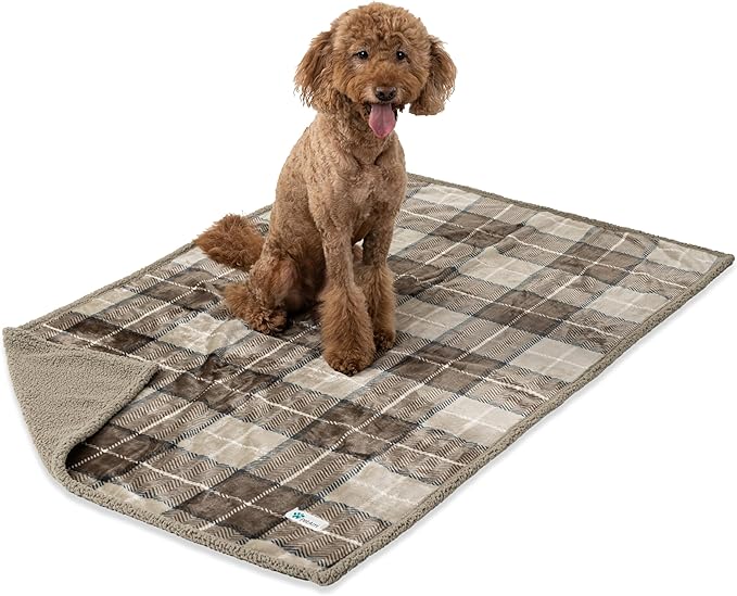 PetAmi Waterproof Dog Blanket for Couch, Extra Large 80x60, Pee Proof Sherpa Fleece Reversible Pet Throw, Furniture Protector for Bed Sofa Crate Kennel, Soft Washable Cover for Dogs, Plaid Taupe