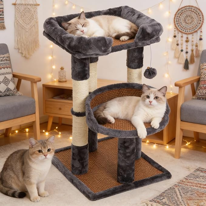 Multi-Level Cat Tower with Scratching Posts, Cat Tree with Double Cat Bed & Hanging Toys, Cute Climbing Tower with Sisal Scratcher for Kittens & Adult Cats, Grey