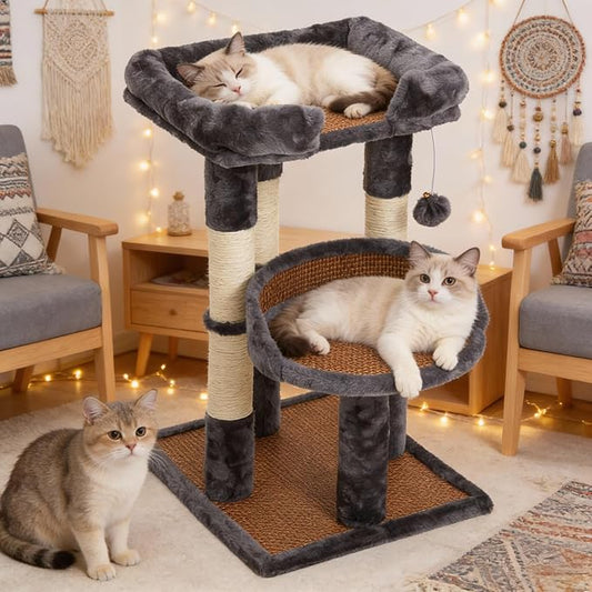 Multi-Level Cat Tower with Scratching Posts, Cat Tree with Double Cat Bed & Hanging Toys, Cute Climbing Tower with Sisal Scratcher for Kittens & Adult Cats, Grey