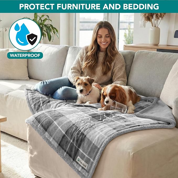 PetAmi Waterproof Dog Blanket for Couch, Pee Proof Fleece Reversible Pet Throw, Furniture Protector for Bed Sofa Kennel, Soft Washable Cover for Small Medium Dog Puppy Cat, 29x40 Plaid Light Grey