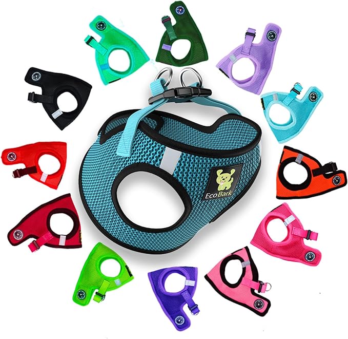 EcoBark Small Dog Harness - Luxury Soft Step in Dog Harnesses for Puppy in Aqua Blue - Secure Halter Vest - Reflective & Adjustble Body Halter Wrap