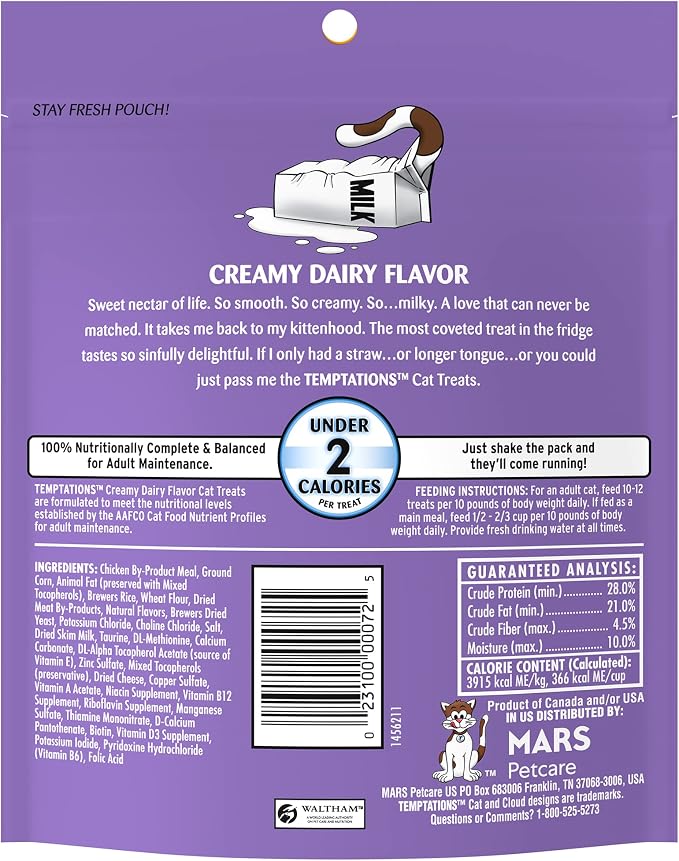 Temptations Cat Treats, Classic Crunchy and Soft Cat Treats, Creamy Dairy Flavor, 6.3 oz. Pouch (Pack of 10)