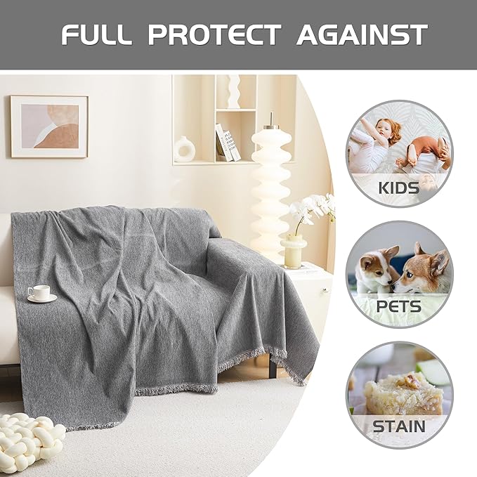MEETSKY Couch Covers for Dogs, Washable Couch Covers, Pet Sofa Covers for 3 Cushion Couch, Chenille Thick Sectional Couch Cover Blanket Modern Furniture Protector Covers, 91" x 134", Dark Grey