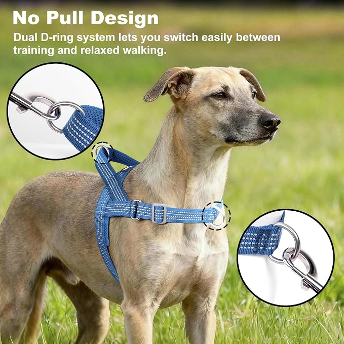 No Pull Dog Harness with Handle, Adjustable Soft Mesh Padded Reflective Walking Harness with Front Clip for Small Medium Large Dogs – Quick Fit No Escape for Training and Hiking (Blue, XL)