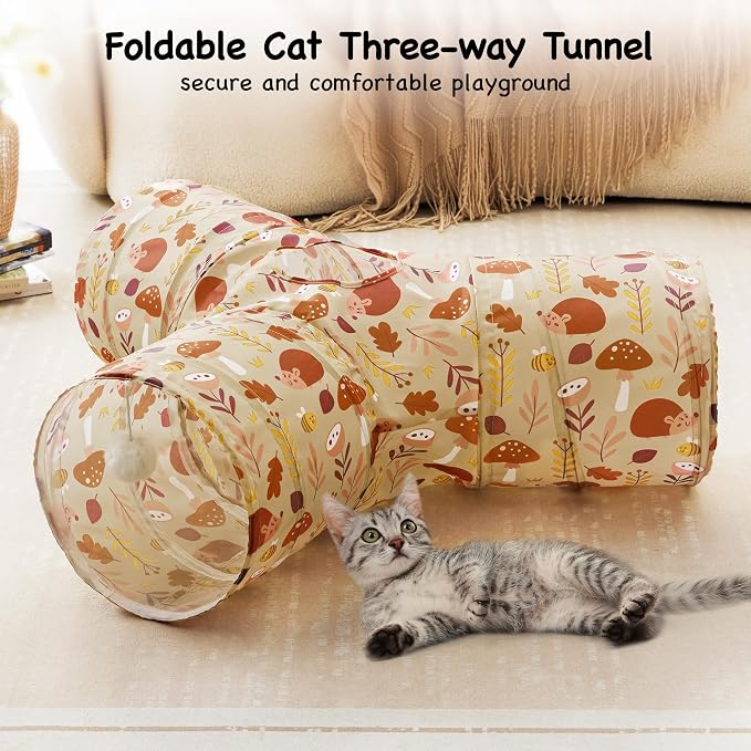 Tempcore Cat Tunnel for Indoor Cats, 3 Way Collapsible Pet Play Tunnel with Teaser Wand, Peek Holes & Hanging Ball, Interactive Tube for Kittens & Rabbits, Khaki Hedgehog