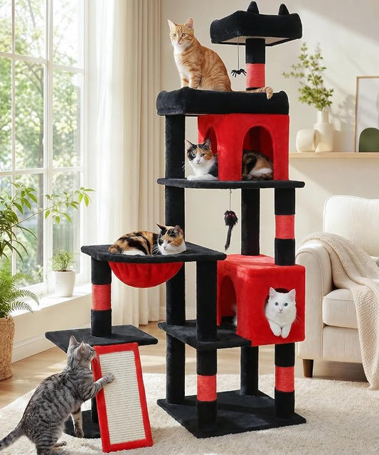 68 Inches Heavy Duty Cat Tree for Indoor Cat, Big Cat Tower with Sisal Scratching Posts and Top Perch, Large Platform for Adult Cats, PMT02RD, Black Red