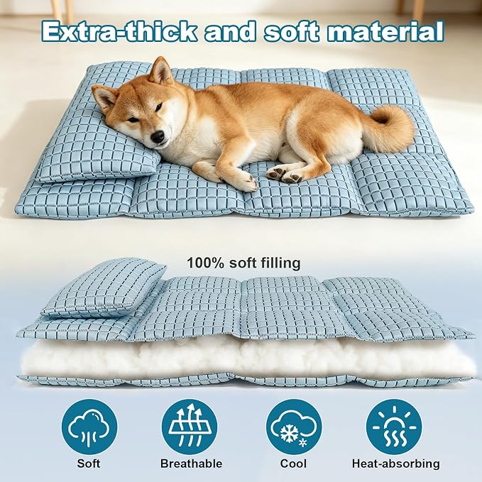 GOLOPET Medium Dog Cooling Mat with Pillow, 28x18in | Polymer Ice Silk Fabric,Upgrade The Heat Dissipation Structure,Soft PP Cotton Filling Material